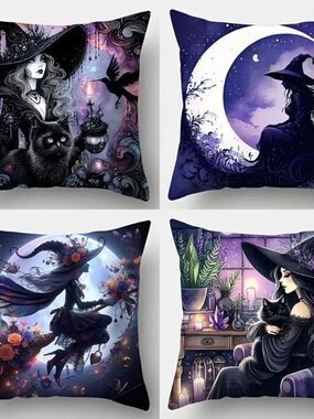 4 Purple-black Halloween Themed Printed Pillowcases w Witch & Black Cat Designs